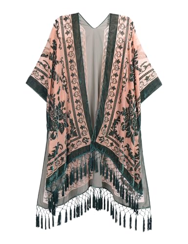 BohemyanRace Womens Coverups Burnout Velvet Cardigan Casual Outfit Long Cover Up Kimono with Tassel Peach Nectar/Botanical Green