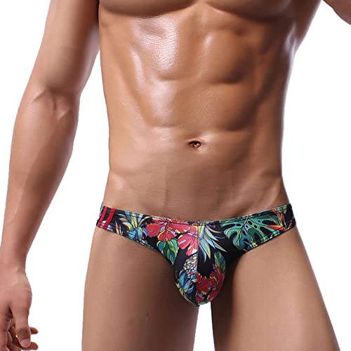 Ctreela Low Rise Briefs For Men Tropical Print Bulge Pouch Underwear Sexy Breathable Floral Bikinis Fashion Panties Black #TOP4
