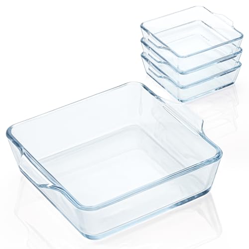 Platos de vidrio para hornear, 5 x 5 pulgadas, cuadrados, pequeños, con asa, cacerola para horno, sartén para freidora de aire, microondas, nevera, juego de 2