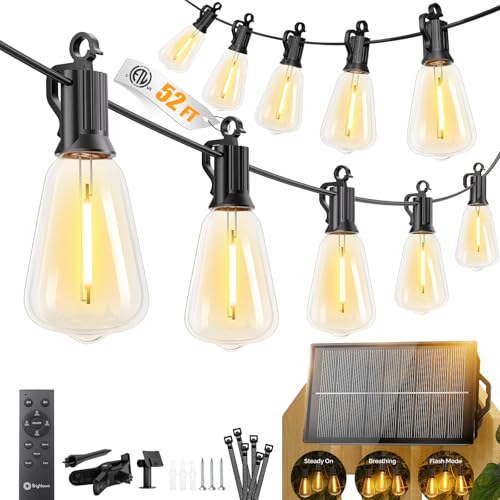 Brightown 52FT Solar String Lights Outdoor Waterproof, Patio Lights with Remote & Timer, USB/Solar...