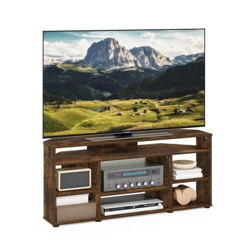 Pemberly Row Corner TV Stand, Amber Pine Finish, Fits TVs Up to 55 Inches, Composite Wood, Adjustable Shelves, Open Design, Rustic Style Living Room Media Console, Space-Saving Furniture
