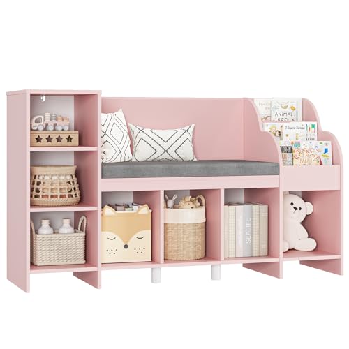 HOUSUIT 55" Kids Bookshelf with Reading Nook, Bookcase with Seat ...