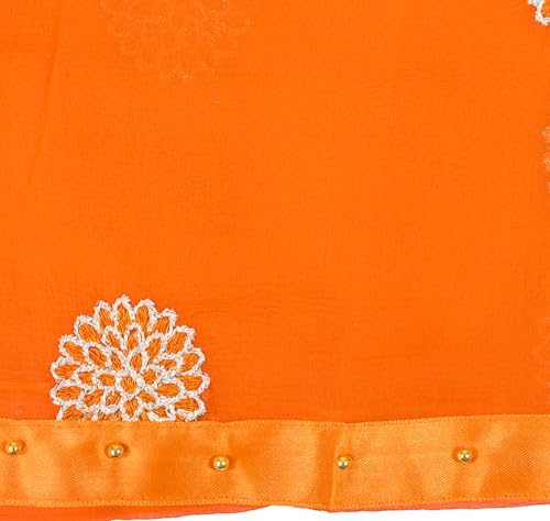 Image of YOUTHQUAKE Golden Floral Embroidery Work Chiffon Dupatta for Womens & Girls with Fancy Moti Lace