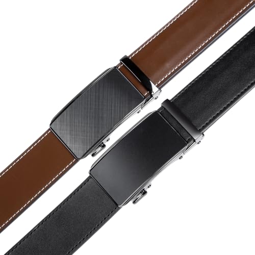 Image of 2 Pack Ratchet Belt 1 3 /8 inch, Mens leather Dress Belt in Gift Set Size 28 inch-62 inch Adjustable waist Trim to Fit