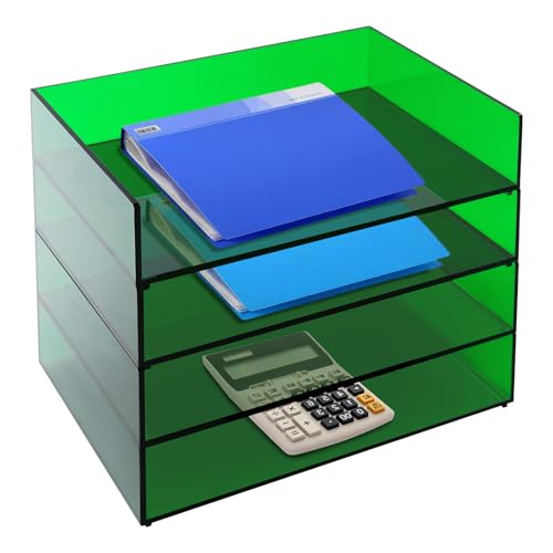 QUIOTUIR Organiseur en Acrylique Empilable à 4 Niveaux Organiseur de Coiffeuse Petite Tour de Rangement pour Ranger Documents, Livres, Lettres, Papier, Magazines, Photos Personnelles (Vert)