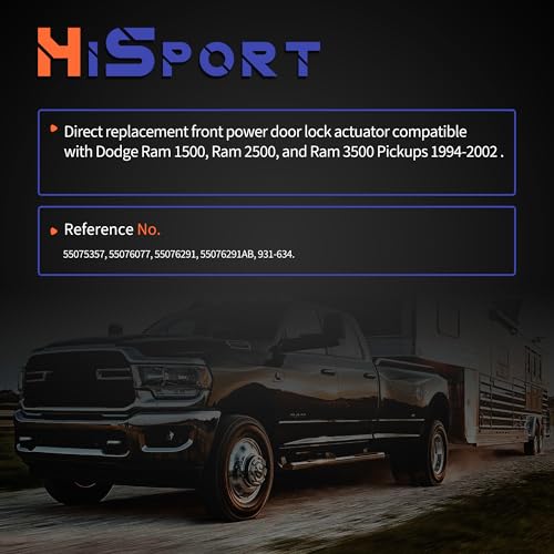 Image of HiSport Door Lock Latch Actuator Motor Front Driver Side 931634 931-634 Compatible with Dodge Ram 1500 2500 3500 Pickup 1994-2002, Replacement for 55076291AB 55075357 55076077