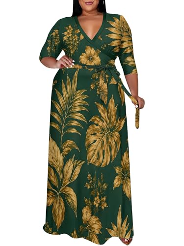 Image of PinkPatty Women's Plus Size Maxi Dress Print 3 /4 Sleeves V Neck Party Sundress Wedding Guest Dresses