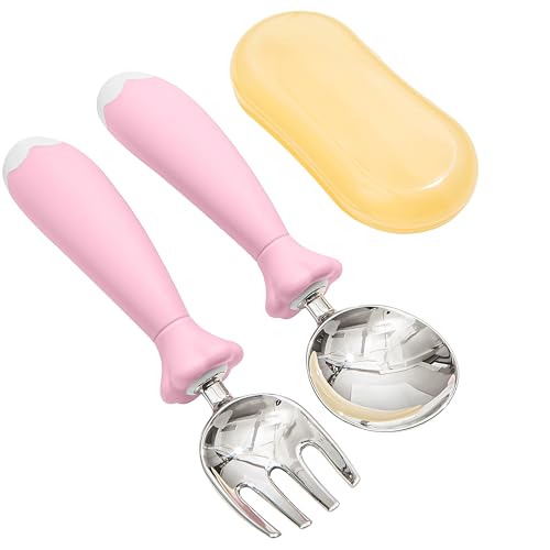 KINGSTONE Toddler Utensils with Case, Kids Silverware Set with Silicone Handles, 18/10 Stainless Steel Children Safe Forks and Spoons, Travel Carrying Cases BPA Free, Dishwasher Safe (pink)