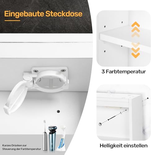 Luxstein Armario con Espejo para Baño con Iluminación LED,3 Colores De Luz,6000 K,Antivaho,Montaje En Pared, con Enchufe,Ahorra Espacio,Armario De Baño Moderno,40 x 60 cm,Blanco - imagen 5