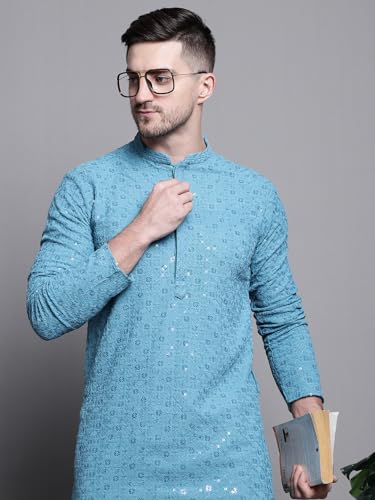 Image of Jompers Men's Geometric Sequin Embroidered Pure Cotton Kurta with Pyjamas Set