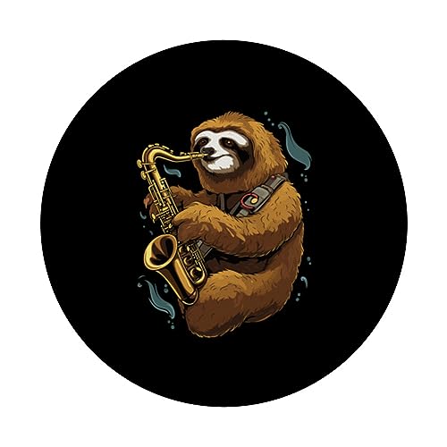 Saxophone Sloth Marching Band Saxophonist Jazz Music PopSockets Swappable PopGrip, Black - Image 3
