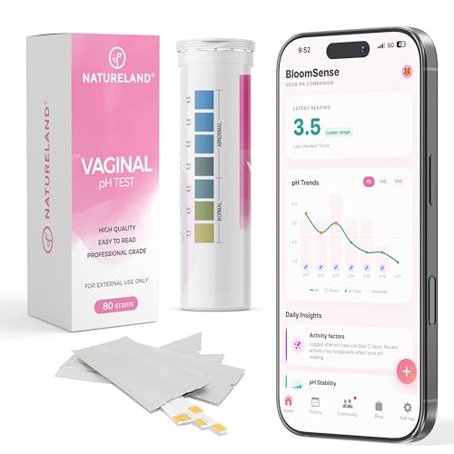 Image of NATURELAND Vaginal pH Test Strips for Women – At-Home Test BV and Yeast Infection Kit, with BloomSense App, Accurate 3.5-6.5 Range, Foil-Sealed (80 Strips)