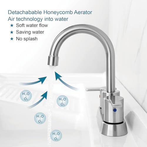 RKF 4 Inch Brushed Nickel Sink Faucet - 2-Handle Centerset With Drain, 360 Swivel Spout for Bathroom Vanity, 3 Hole Basin Lavatory Mixer Tap BF015-9-BN by RKF - Used condition - Image 2