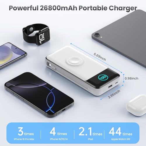 Image of Portable Charger for iPhone with Built-in Cables and AC Wall Plug,26800mah Fast Charging USB C Power Bank,25W PD Travel Essential Battery Pack for iPhone 17 /16 /15 /14 /13,Galaxy,Apple Watch (White)