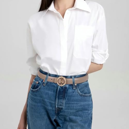 Image of Women's Fashion Classic Metal Buckle Leather Belt with Jeans Dress