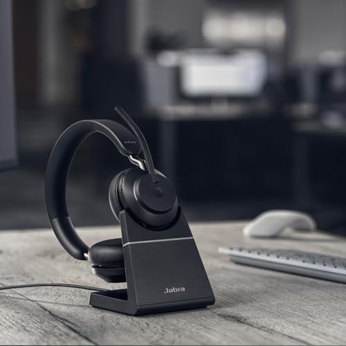 Image of Jabra Evolve2 65 Bluetooth Wireless Headset with Mic for Calls and Music, Dual-Ear Headphones with USB-C Adapter and Charging Stand, Up to 37 Hours Battery, Works with Online Meeting Apps, Black