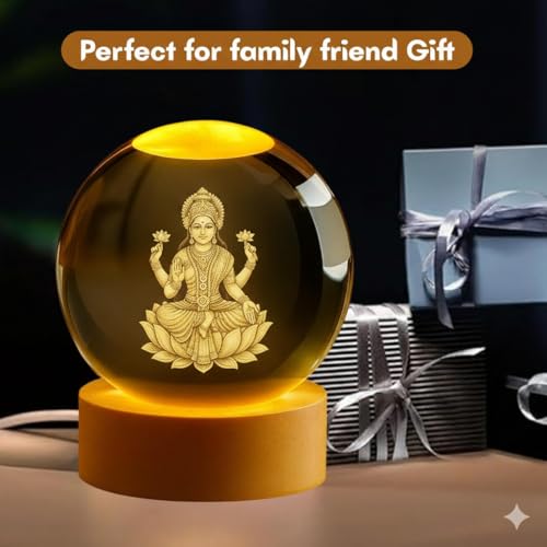 Image of COVACURE 3D Lakshmi Devi Idol Crystal Ball Night Lamp Creative Engraved 2.4 Inch Glass Ball Goddess Laxmi MATA Murti Crystal Ball Night Light, USB Table LED Wooden Glass Ball for Home, Office
