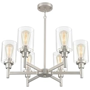 Brushed Nickel Chandelier | 6 Lights Farmhouse Chandeliers for Dining Room Light Fixtures Over Table | Hallway Lighting with Clear Glass Shade for Living Room | Kitchen | Entryway | Bedroom | Bathroom