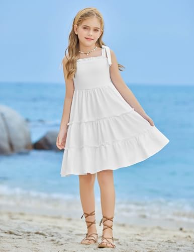Arshiner Girls Summer Dress Tween Boho Casual Bowknot Strap Sleeveless Swing Flowy Ruffle Tiered Sundresses with Pockets4