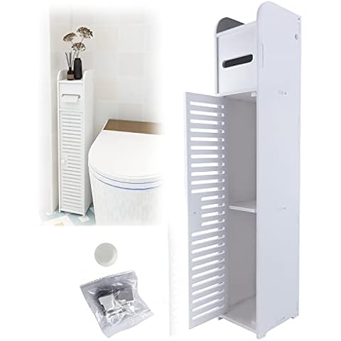 Wooden Free Floor Standing Toilet Roll Tissue Paper Cabinet Bathroom Organiser Storage Cupboard Cabinet with Doors and Shelves, Thin Toilet Vanity Cabinet, Narrow Organizer Shelf Paper Holder White Cover