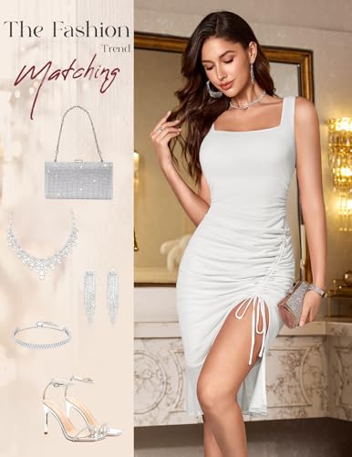 Image of HomRain Mesh Bodycon Dress for Women Square Neck Sexy Ruched Elegant Cocktail Party Midi Dresses