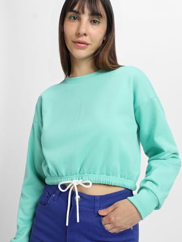 Image of JUNEBERRY Cotton Poly Fleece Regular Fit Pink, Purple Green & Orange Solid Full Sleeve Sweatshirt for Women