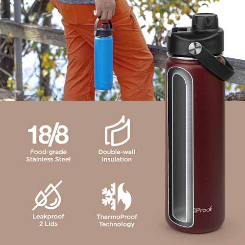 Image of ThermoProof Double-Walled Vacuum Insulated Stainless Steel Water Bottle - Wide Mouth with Chug & Spout Lids, Dishwasher Safe, Reusable, Leakproof, Hot & Cold for Men, Women & Kids - 22oz, Burgundy