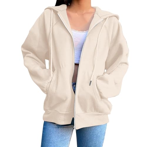 Fleecejacke Damen Sweatshirts Stilvolle solide Reißverschlussjacke für den Alltag Langarmmantel 1860 Pullover (Beige, XXXL)
