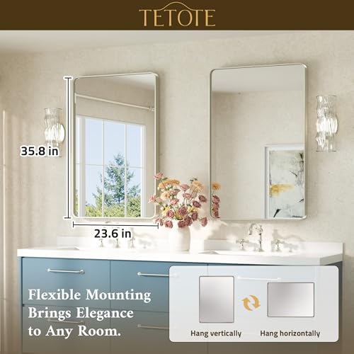 Image of TETOTE Brushed Nickel Mirror for Bathroom 24 x 36 Metal Framed Vanity Mirror, Tempered Glass, Modern Farmhouse Wall Mounted Mirrors for Decorative(Horizontal /Vertical)