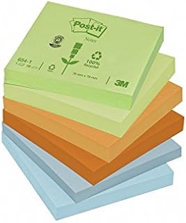 Post-it 654 1RP Recycled Notes Assorted Colours 100 Sheets Per Pad, 12, 76 x 76 mm