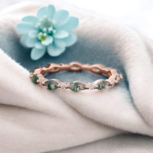Dainty Marquise cut Moss agate wedding band Unique Rose gold Full eternity wedding ring Moissanite Stacking band Promise Aquatic agate ring3