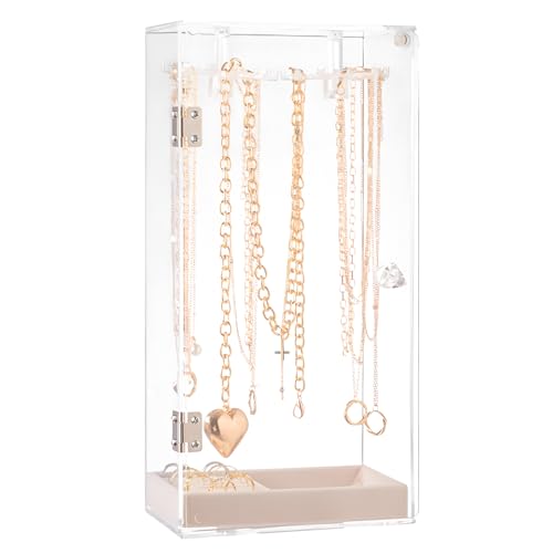 PINGANBUSU Acrylic Necklace Holder Jewelry Organizer Storage Box with Velvet Tray, Rotating Earring & Necklace Display Stand, 24 Hooks Clear Storage Rack for Bracelets, Rings, Long Necklaces