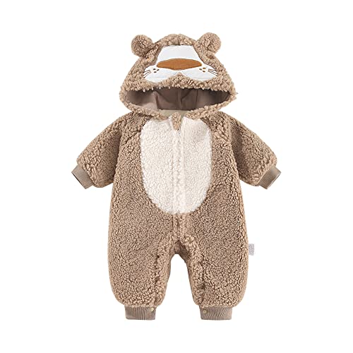 ベビー服長袖ロンパースフード付き前開き新生児厚手秋冬防寒服カバーオール赤ちゃん女の子男の子 贈り物コーヒー色12M
