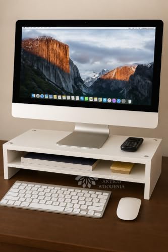 Image of Wooden Monitor Stand with Storage Organizer For Desk, Tables, Office, Home, Studio, Study Table | Desktop Ergonomic Monitor Stand Riser (White, Large)