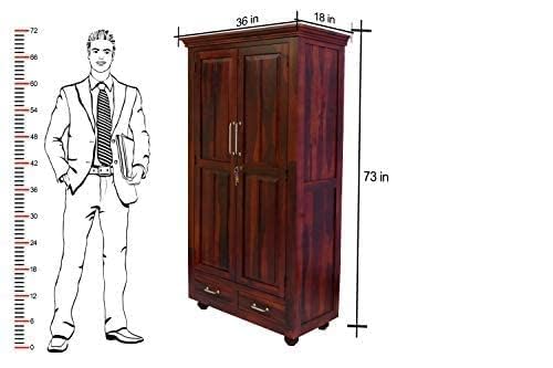 Image of Sheesham Wood Wardrobe with 2 Drawer and 4 Shelves Storage for Bedroom Wooden Almirah for Clothes for Living Room Bedroom Home, Solid Wood Furniture (Teak)