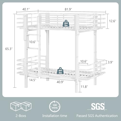 Image of iPormis Metal Bunk Bed Twin Over Twin, Heavy Duty Bunk with High Guardrail and Ladder with Built-in Handrails & Wide Steps, Under-Bed Storage Space, Easy Assembly, Noise Free, White