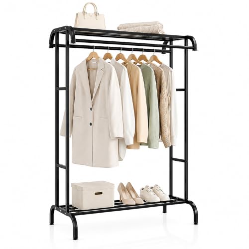 Awiku Burro de Ropa Negro 3 en 1 con Estante Superior y Zapatero, Perchero de Pie Metálico, Organizador de Ropa 148 x 109 x 50,5 cm, Armario Abierto para Dormitorio, Vestidor, Entrada y Lavandería