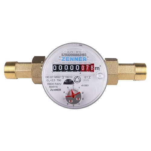 Zenner Wasserzähler 1/2 Zoll, Kalt- und Warmwasser, 80 mm Baulänge, mit Verschraubung und Dichtungsset,Eichung 2026 mit Kennzeichnung \ CE M26 0102\ Seitlich am Zähler.
