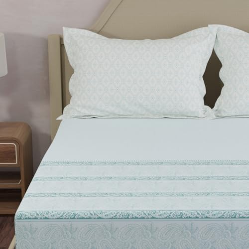 Image of Layers 100% Cotton King Size Bedsheet Set | Blue Ethnic Print | 120 TC Forever Collection | Soft & Breathable | Washable Bedsheet with 2 Pillow Covers | All Season