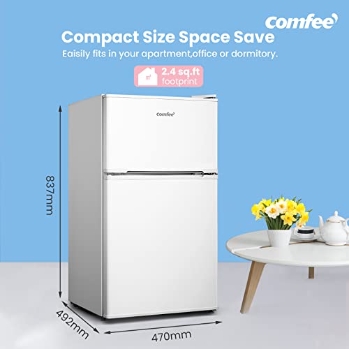 COMFEE' RCT87WH2(E) 87L Under Counter Fridge Freezer, Interior Light, Adjustable Shelves, Reversible Door, Low Noise, White