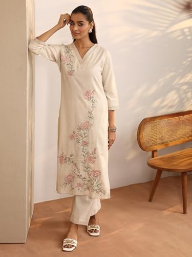 Image of Libas Embroidered Cotton Blend Straight Kurta Set for Women | ethnic wear | bridal suit | wedding dress | occasion wear