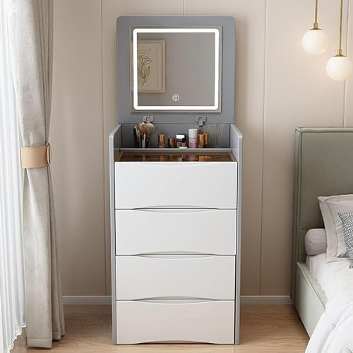 LED Ayna ve 3 Renk Ayarlı Çok Fonksiyonlu Makyaj İstasyonu Makyaj Masası Giydirme Odası ve Makyaj Sanatçıları için Çekmece ve Stool Güzellik Masası (Grigio-48 Cm)