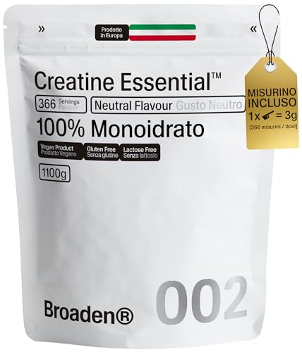 BROADEN® 1,1kg Creatina Monoidrato in Polvere Senza Sapore con 366 Porzioni | 100% Monoidrato di Creatina Micronizzata | Senza Additivi | Senza OGM, Vegano, Senza Glutine (1,1 Kg)