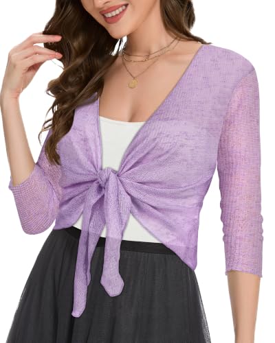 Image of Women Crop Cardigan Sheer Mesh Bolero Shrug for Dress Tie Front 3 /4 Sleeve Tops