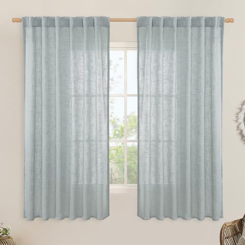 LAMIT Faux Linen Curtains 63 inches Long for Bedroom, Back Tab and Rod Pocket Linen Drapes Light Filtering Semi Sheer Curtains for Small Window/Farmhouse, 2 Panels (52 x 63 Inch, Greyish Blue)