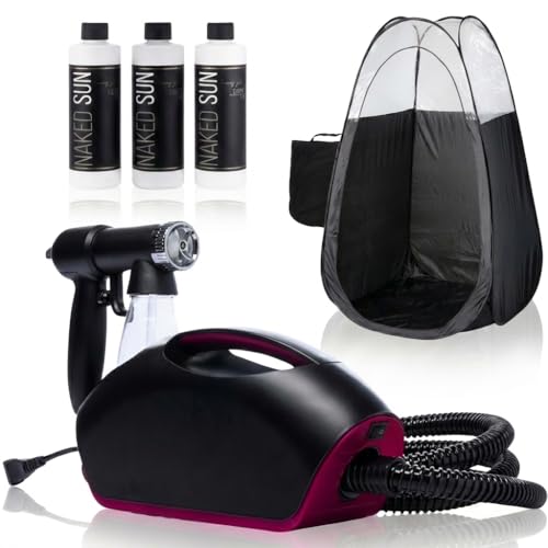 Naked Sun Spray Tan Machine Kit with Tent – HVLP Spray Tanning System, Portable Spray Tan Tent, Professional Sunless Tanning Kit with 3 Solutions (Dark, Rapid, Violet) & LED Spray Gun