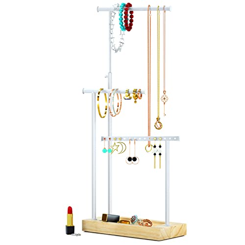 SRIWATANA Présentoir de Bijoux Arbre à Bijoux avec 3 Barres Métalliques(Une Hauteur réglable) pour Organiser Colliers Bracelets et Boucle d'oreille Couleur de Bois Naturel Cover