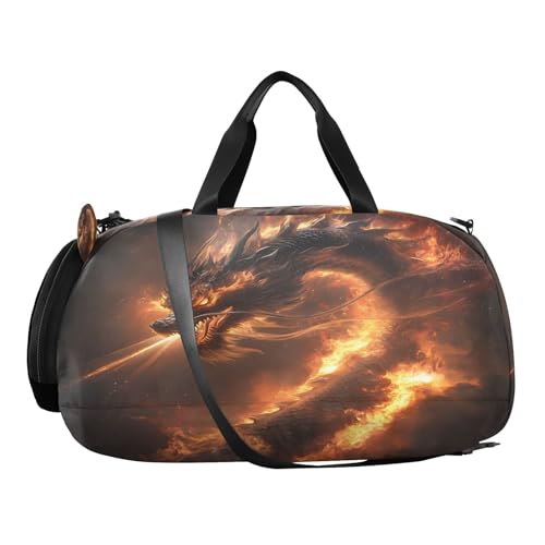 Gym Travel Duffle Bag for Boys Girls Fire-breathing Dragon Sports Dance Bag with Shoe Compartment & Wet Pocket Football Kids Travel Bag Teens Sleepover Carry2