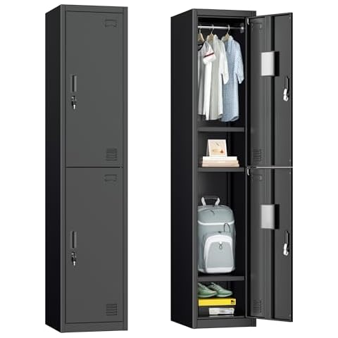 Pataku Metal Lockers for Employees with Lock, Steel Storage Locker with Shelves, Black Locker Storage Cabinet, Metal Storage Cabinet with 2 Doors for School, Office, Gym, Staff Cover