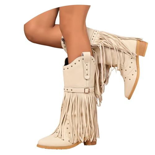 LDXEQIZ Hohe Stiefel Mit Fransen Damen Western Cowboy Stiefel Mit Blockabsatz PU-Leder Langschaft Boots Mit Reißverschluss Fashion Reitstiefel Mit Niet Herbst Winter Schuhe Für Konzert(37 EU)